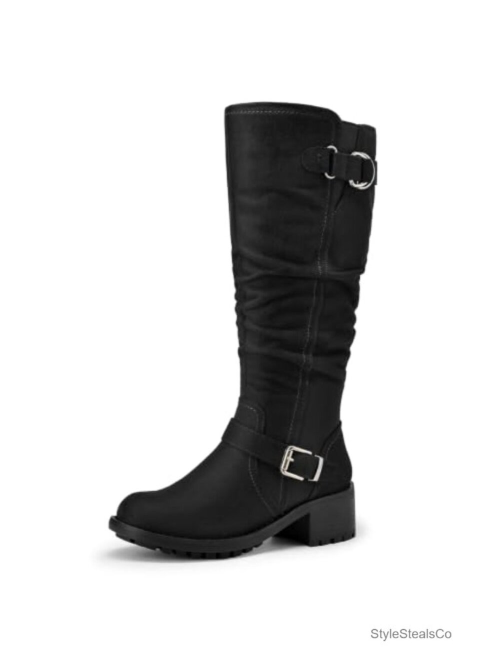 Knee High Boots Slouchy Chunky Block Heel Side Zipper Suede Wide Calf